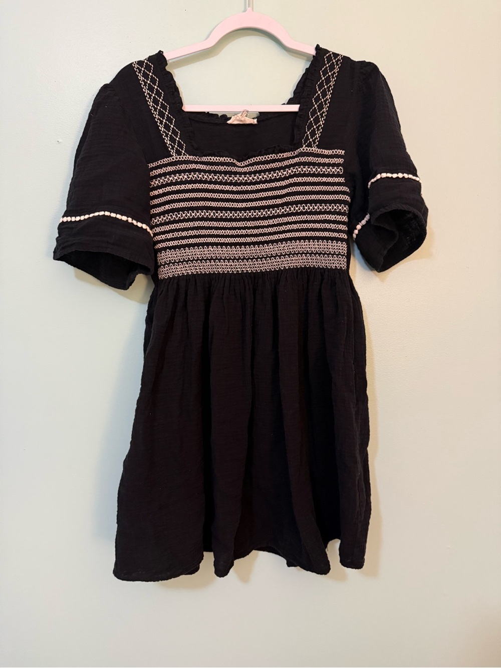 Black Embroidered Smocked Mini Dress